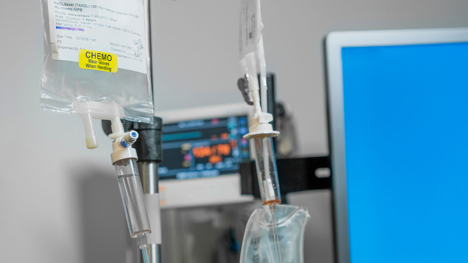 IV drip bag of Chemo liquid hanging on a stand